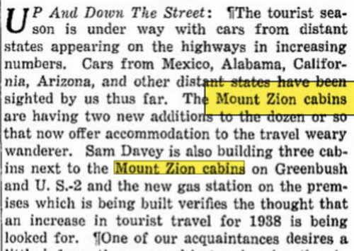 Mount Zion Cabins - Jun 17 1938 Article